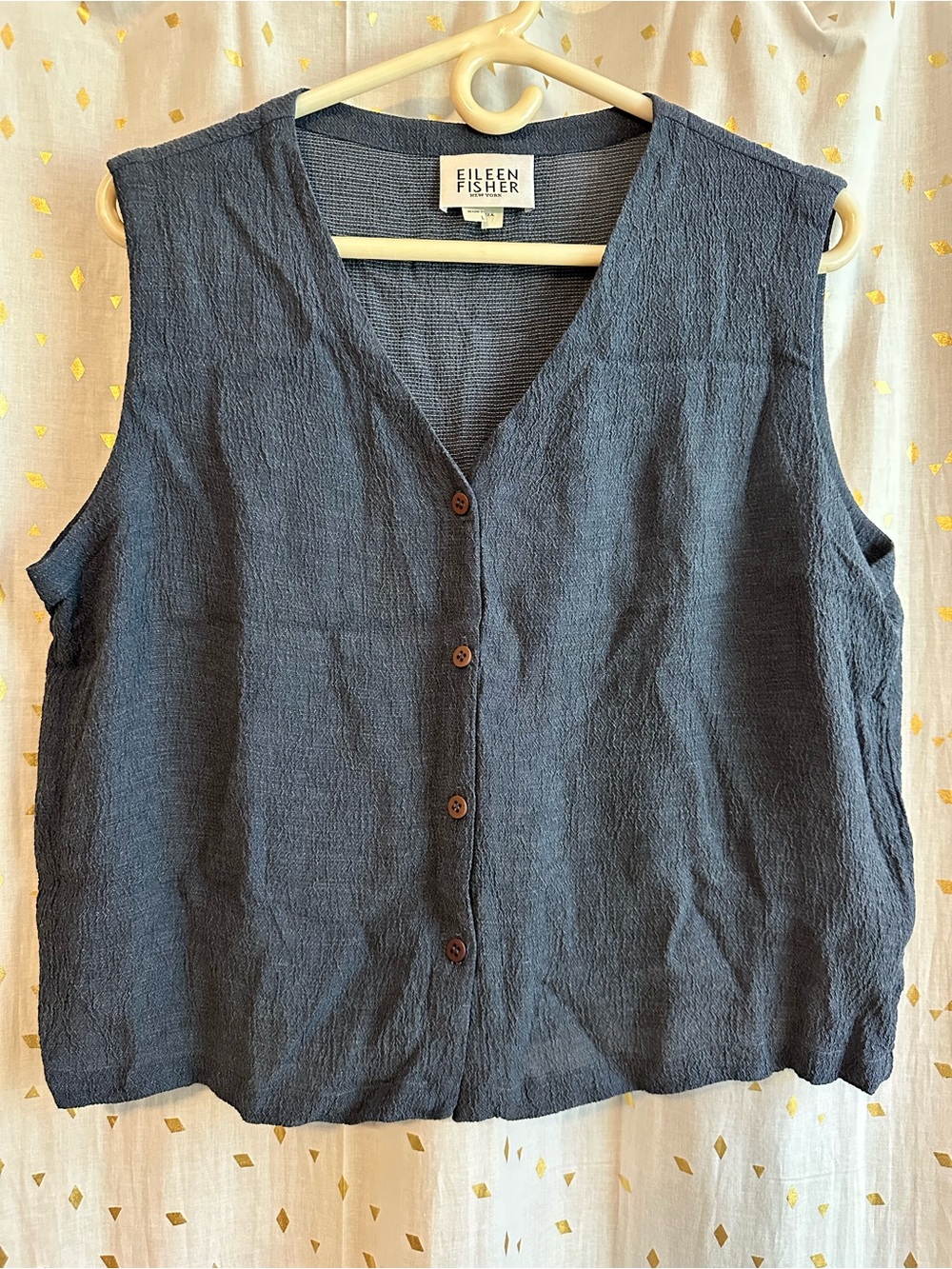 Eileen Fisher Textured Navy Sleeveless Button-Front Top